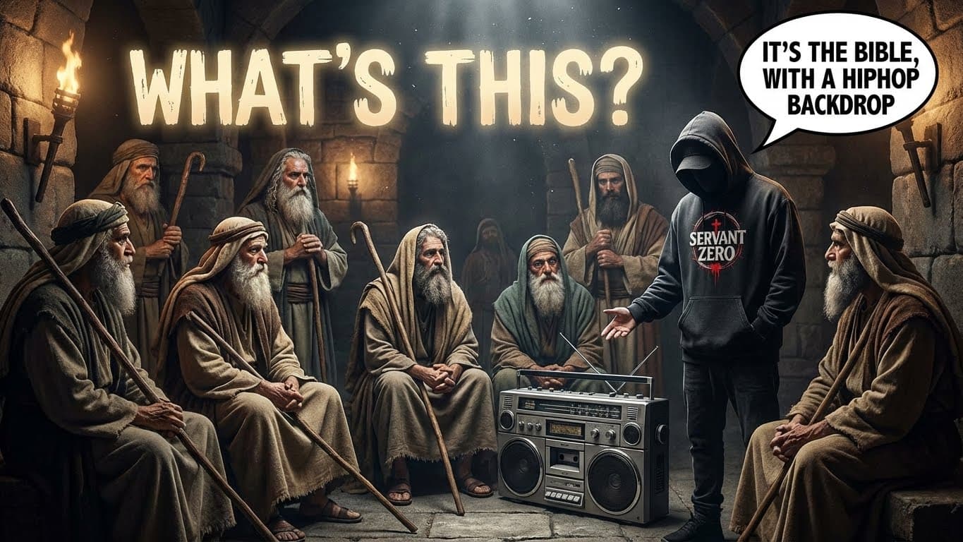 Servant Zero showing biblical elders a boombox β It's the Bible, with a hip hop backdrop