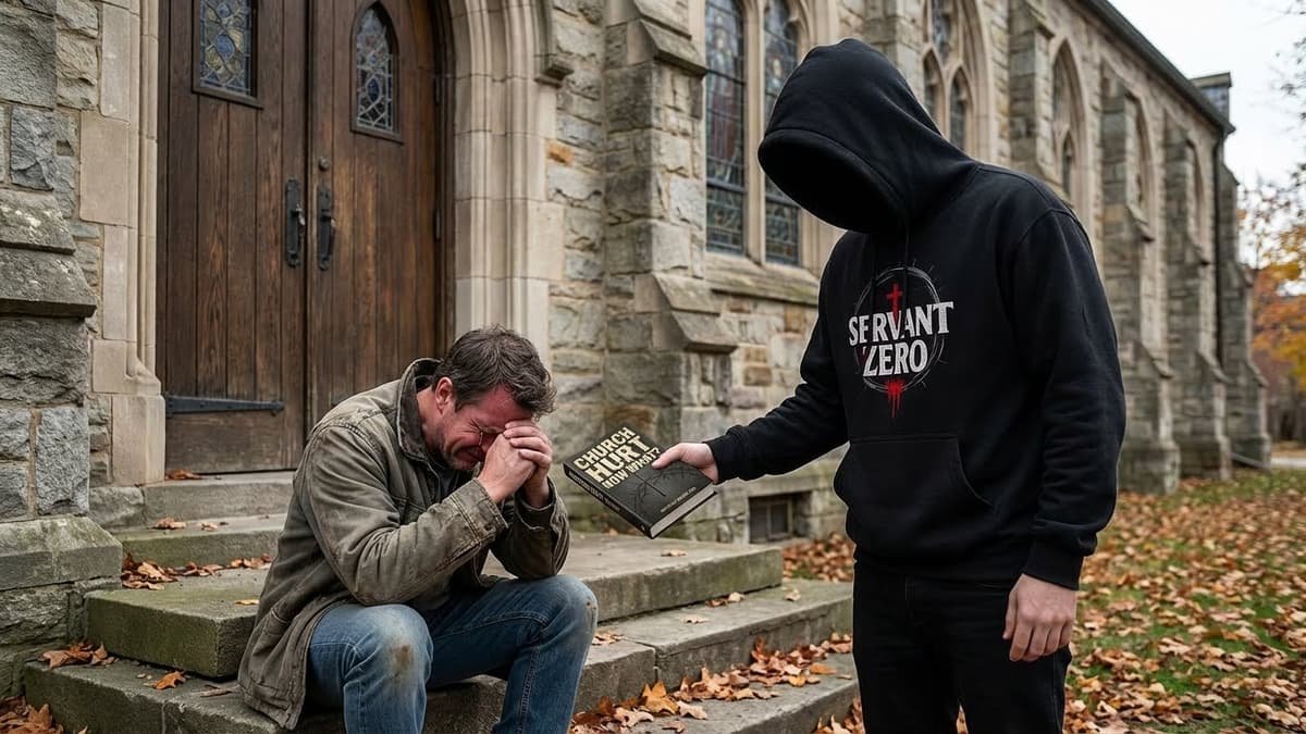 Servant Zero handing the Church Hurt, Now What? book to a man weeping on church steps